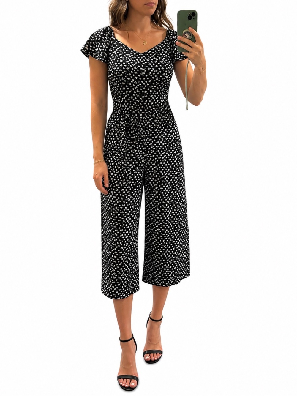 Monteau Black Jumpsuit with White Flower Print